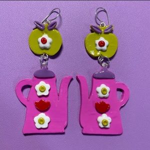 COPY - Technicolor Teakettle - Hot Pink & Lime Green Polymer Clay Long Dangle E…